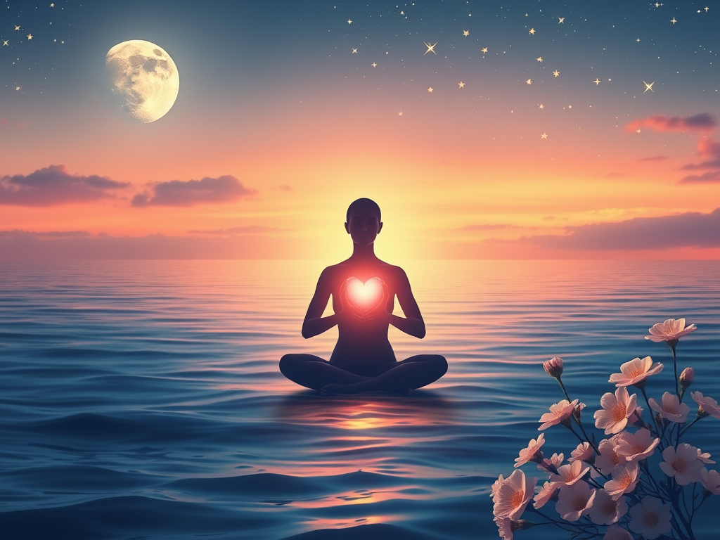 "gentle moonlight over calm sea" "soft glowing hands cradling a heart" "warm pastel colors blending" "peaceful person meditating surrounded by stars" "delicate flowers blooming around"