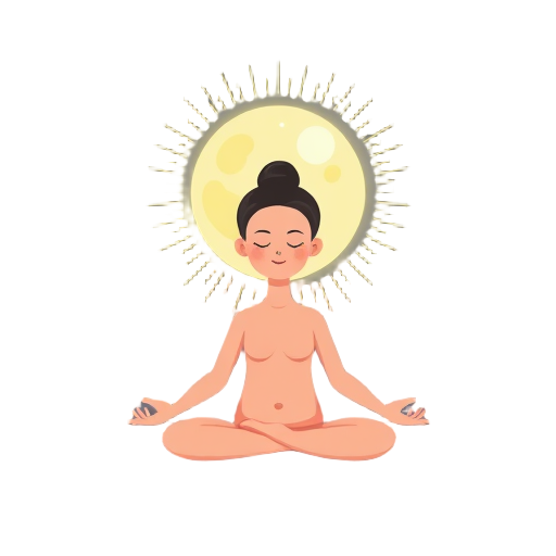 "new moon" "glowing energy" "person meditating" "radiant waves" "floating sound waves" "calm face"