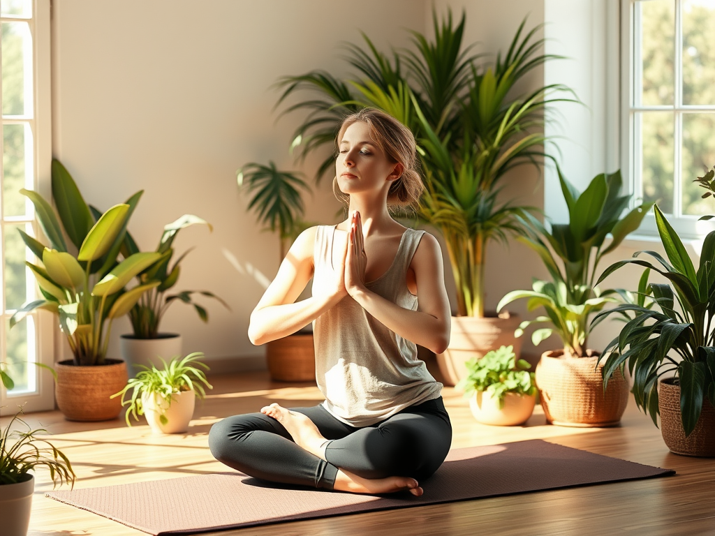 Een vrouw die yoga beoefent in een lichte kamer, omringd door planten.
