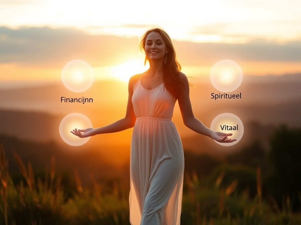 "A holistic, radiant woman standing at dawn, four glowing orbs around her representing Financiën, Emotioneel, Spiritueel, Vitaal; serene landscape, soft light, empowering atmosphere."