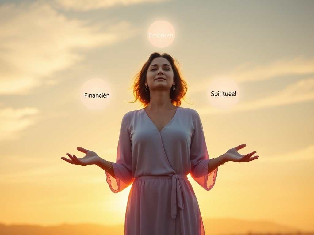 "A holistic, radiant woman standing at dawn, four glowing orbs around her representing Financiën, Emotioneel, Spiritueel, Vitaal; serene landscape, soft light, empowering atmosphere."