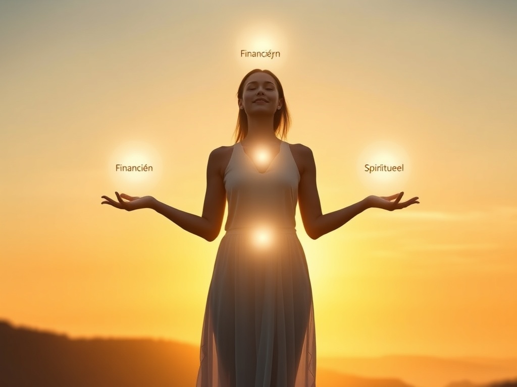 "A holistic, radiant woman standing at dawn, four glowing orbs around her representing Financiën, Emotioneel, Spiritueel, Vitaal; serene landscape, soft light, empowering atmosphere."