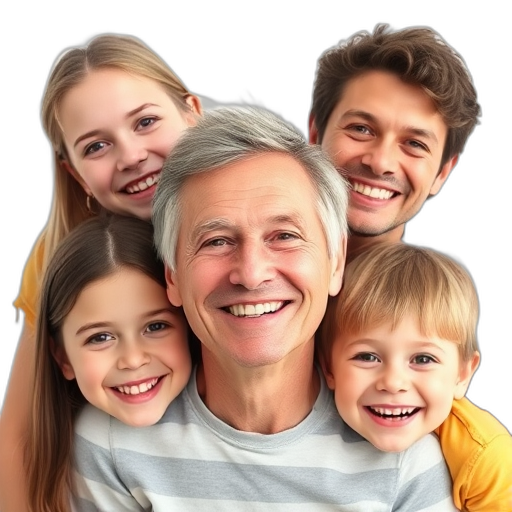 Een glimlachende man omringd door vier kinderen.
