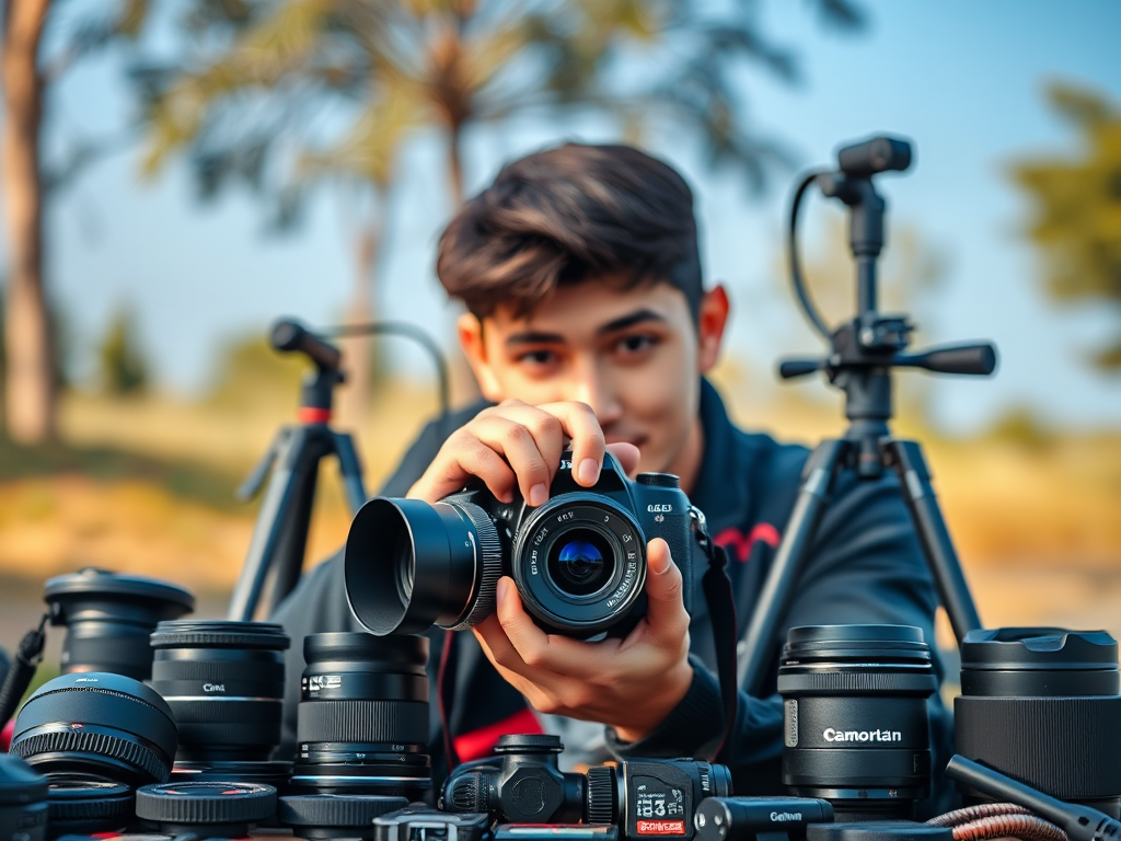 Een beginner met een camera, omringd door accessoires.