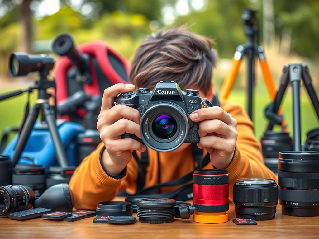 Een beginner met een camera, omringd door accessoires.