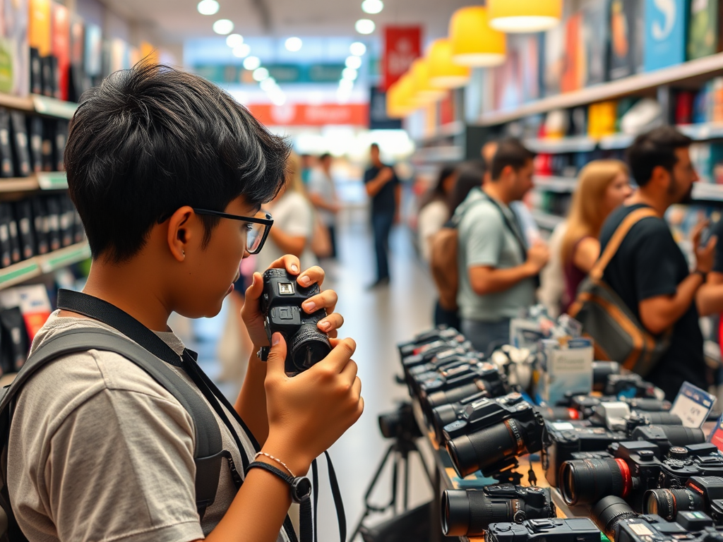 Een beginner fotograaf bekijkt camera's in een winkel.