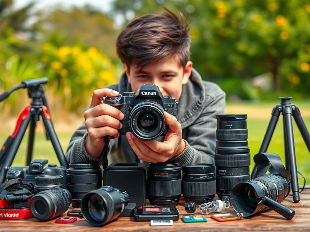 Beginner fotograaf met camera en accessoires in de natuur.