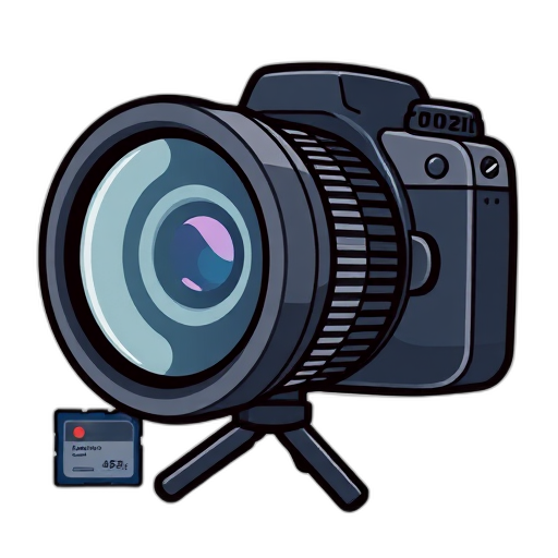Camera met lens, statief en geheugenkaart.