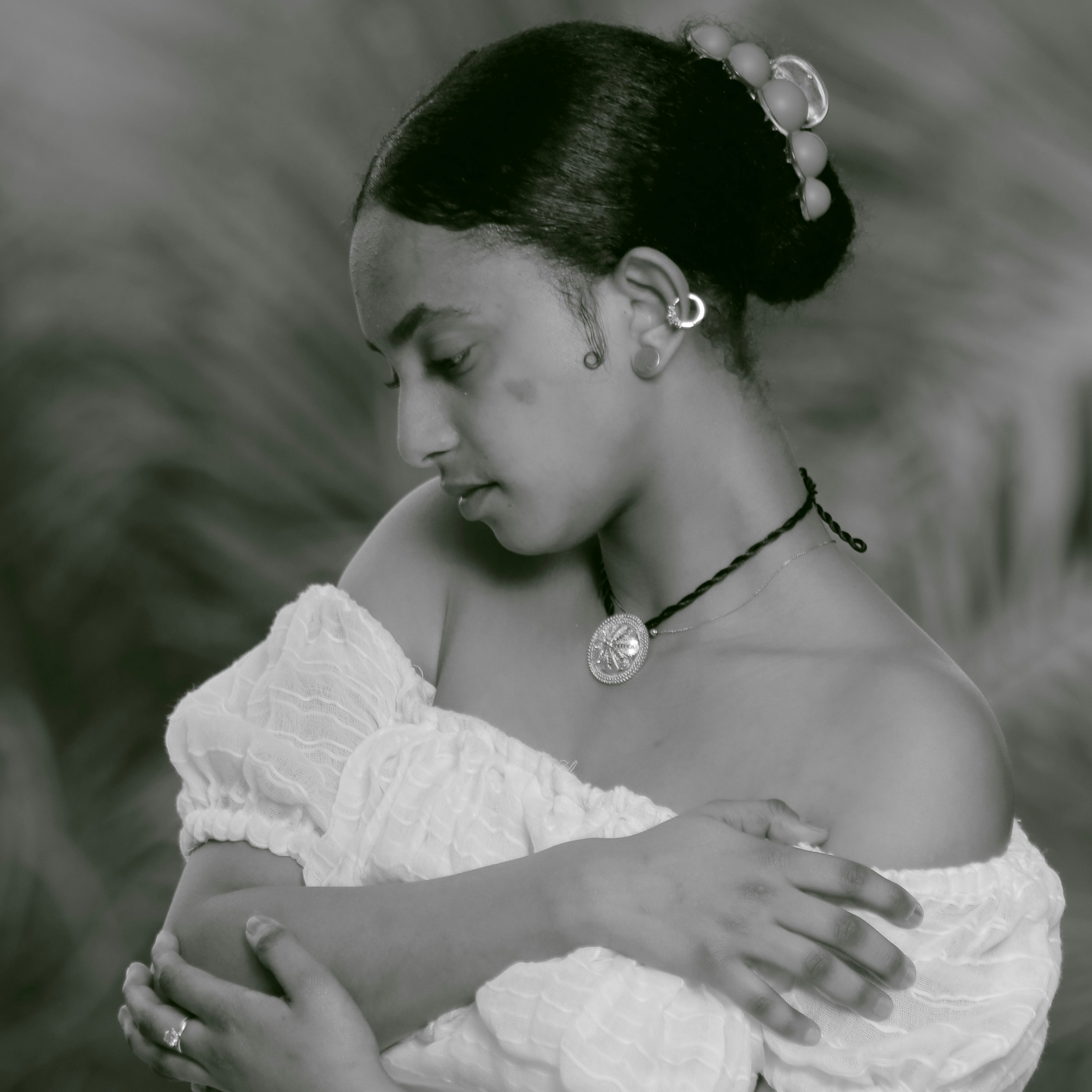 Ethiopian Beauty in white dress in Black and white