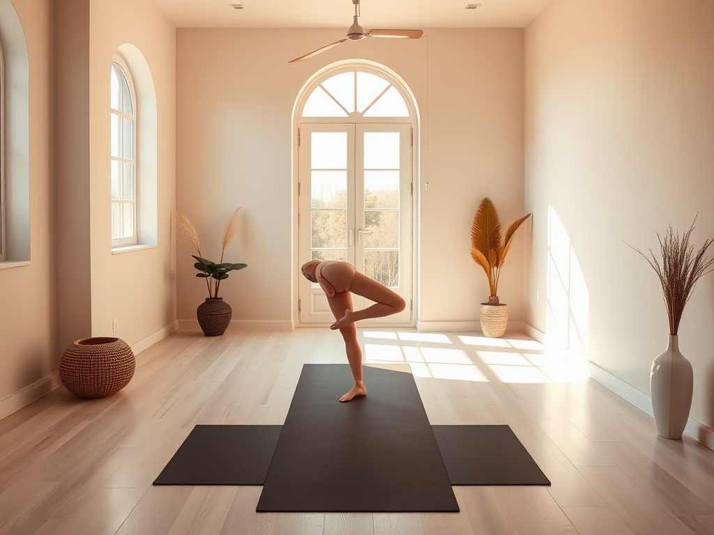 Rustige yoga studio met persoon in balanshouding, zonlicht en minimalistisch decor.