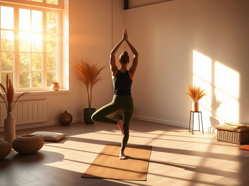 Rustgevende yoga studio met persoon in boomhouding, zacht zonlicht.