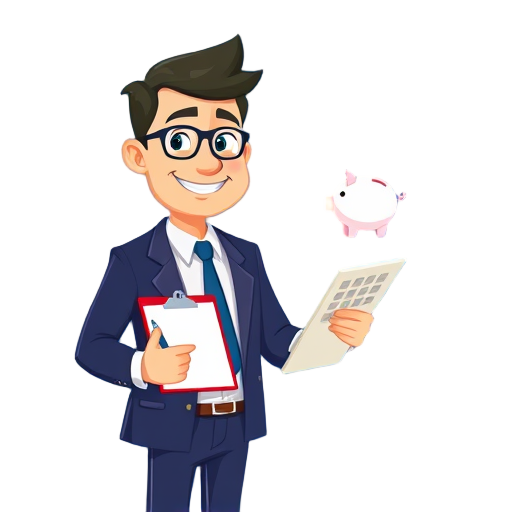 Vriendelijke financieel adviseur met clipboard en pen, achtergrond blauw.