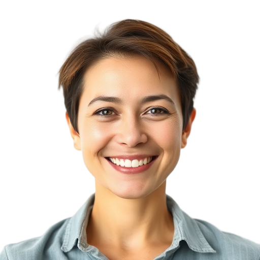 Vriendelijke vrouw glimlachend met witte achtergrond.