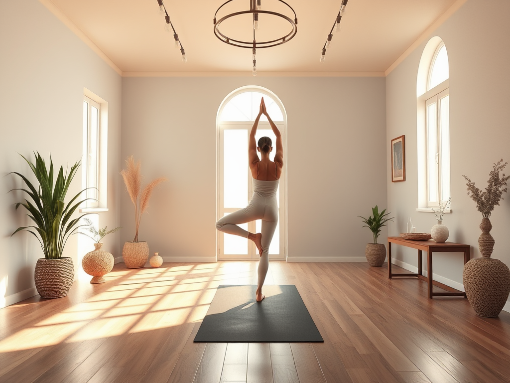 Rustige yoga studio met persoon in boomhouding, zacht zonlicht.