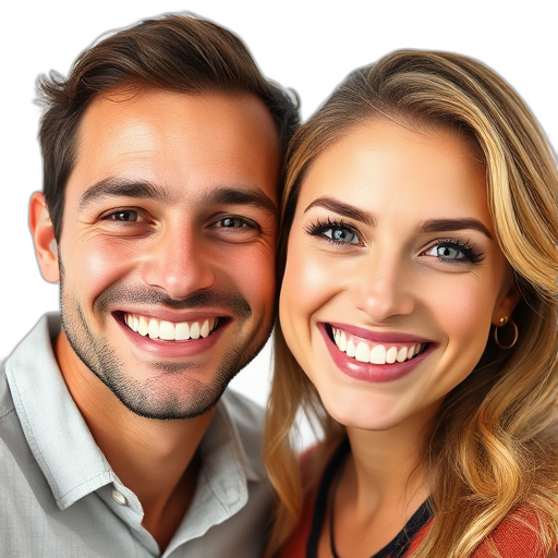 Een stel lachende mensen tegen een witte achtergrond.