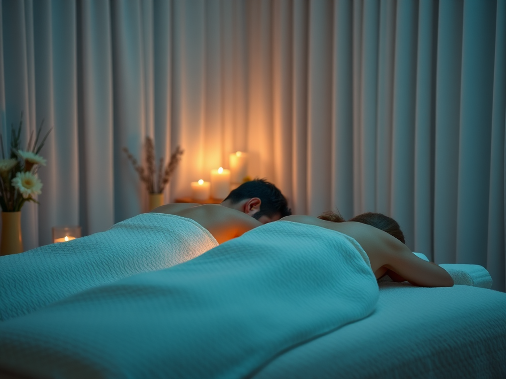 Een stel geniet van een kaarslichtmassage in een gezellige kamer.