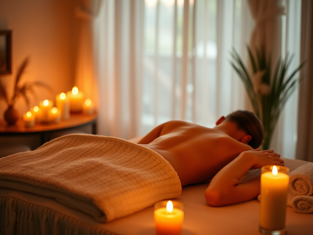 Een stel geniet van een kaarslichtmassage in een gezellige kamer.