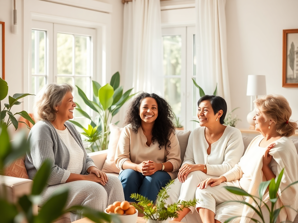 "A cozy, sunlit living room" "three diverse women smiling and talking warmly" "soft cushions and plants around" "calm, supportive atmosphere" "gentle pastel colors"