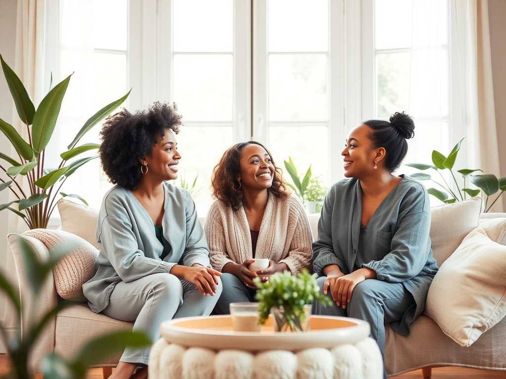 "A cozy, sunlit living room" "three diverse women smiling and talking warmly" "soft cushions and plants around" "calm, supportive atmosphere" "gentle pastel colors"