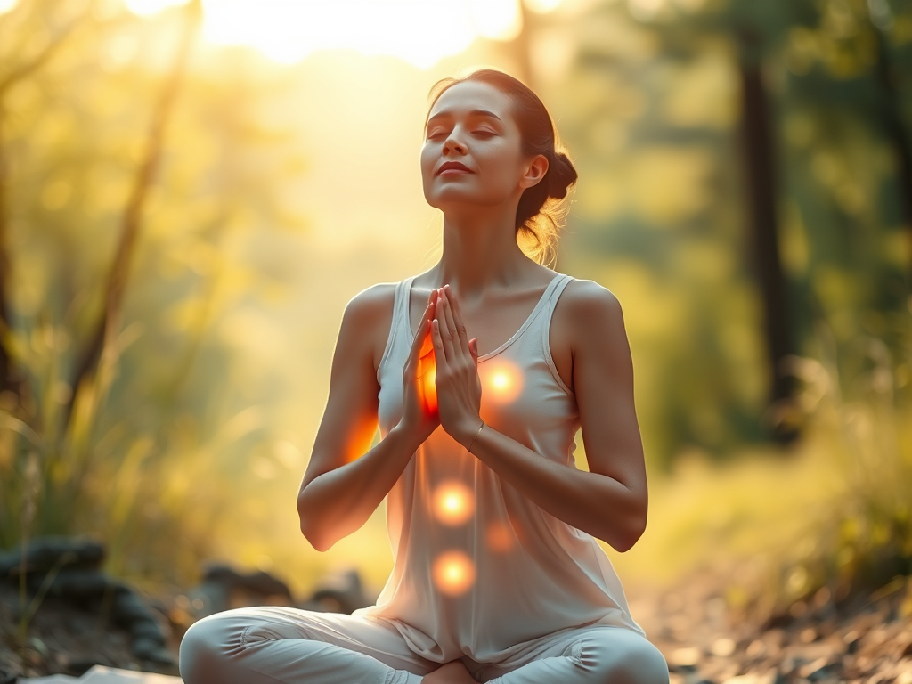 "a serene woman practicing mindful breathing" "soft glowing energy flowing through her body" "gentle movement in a peaceful natural setting" "calm, warm light enveloping her" "harmonious, balanced atmosphere"