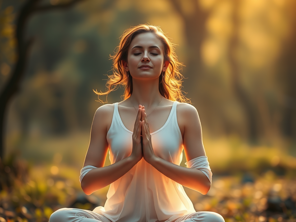 "a serene woman practicing mindful breathing" "soft glowing energy flowing through her body" "gentle movement in a peaceful natural setting" "calm, warm light enveloping her" "harmonious, balanced atmosphere"