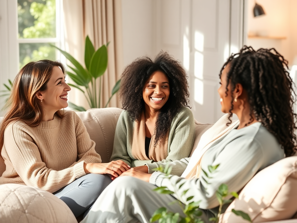 "A cozy, sunlit living room" "three diverse women smiling and talking warmly" "soft cushions and plants around" "calm, supportive atmosphere" "gentle pastel colors"