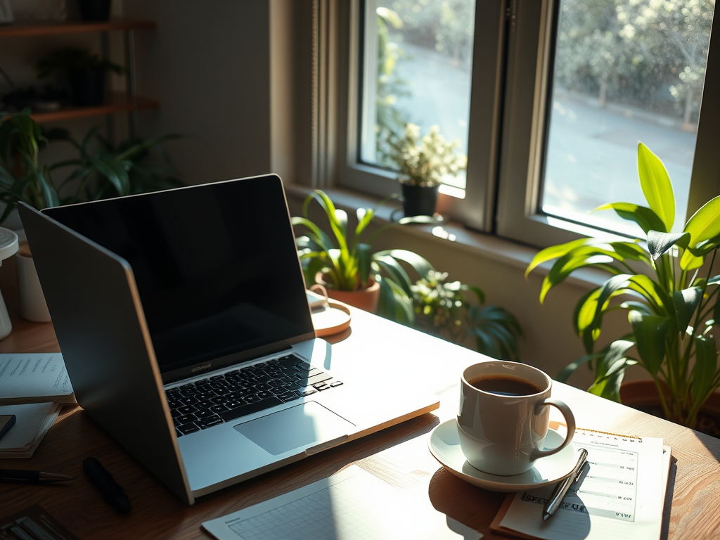 Een serene werkplek met laptop, notities en koffie.