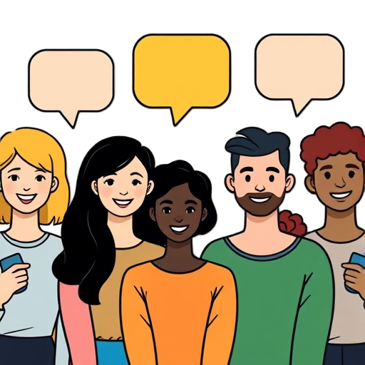 Groep diverse mensen met spraakballonnen.