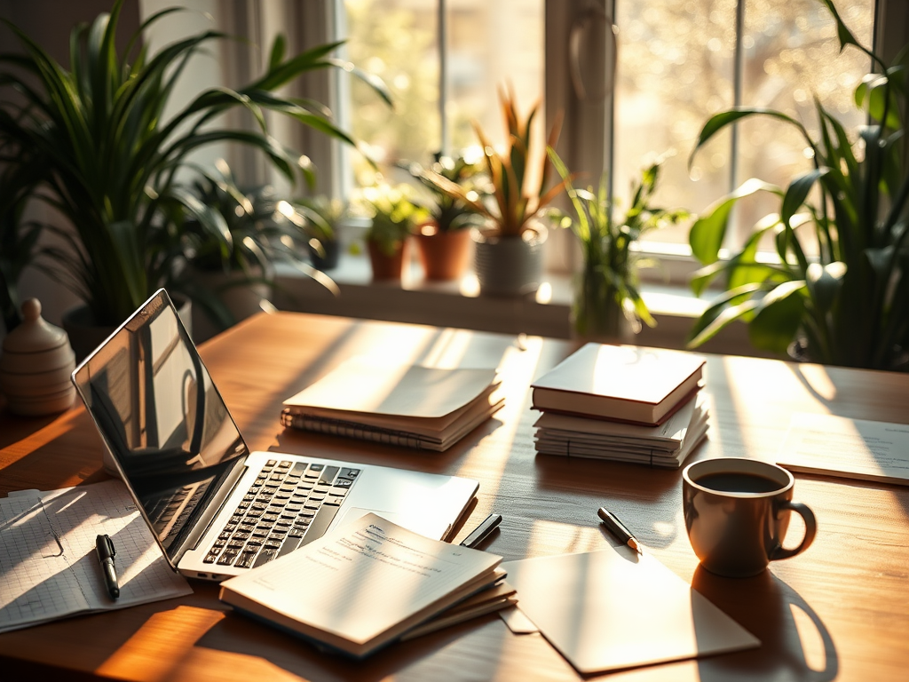 Een rustige werkplek met een laptop, notities en koffie.