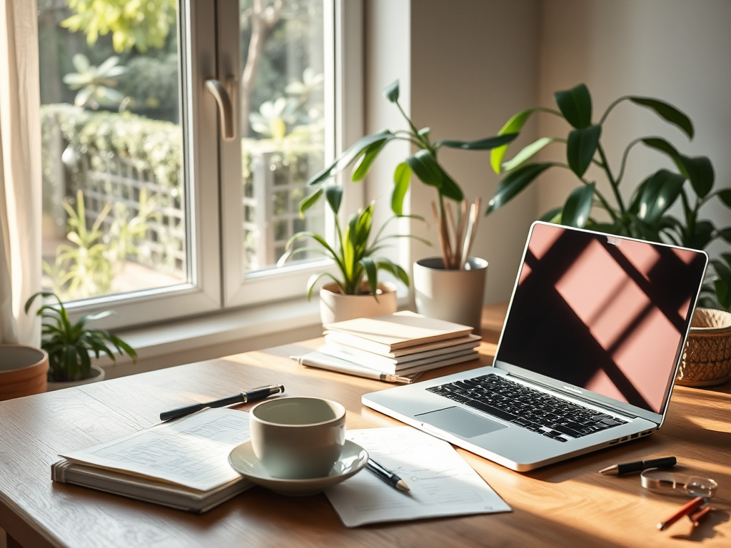Een rustige werkplek met laptop, notities en planten.