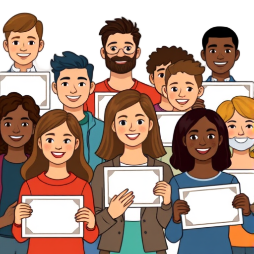 Groep diverse mensen met glimlachende gezichten en certificaten.