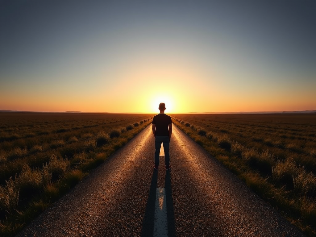 Een persoon bij een kruispunt, kijkend naar de horizon.