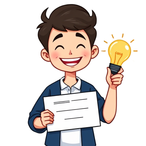 Vrolijk personage met een diploma en een gloeilamp.