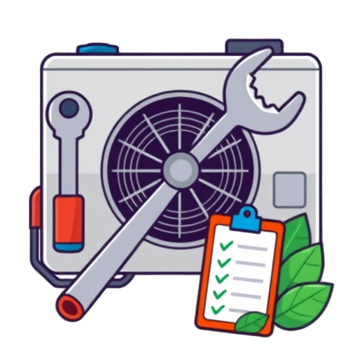 "air conditioner" "wrench tool" "checklist clipboard" "blue snowflake" "green leaf"