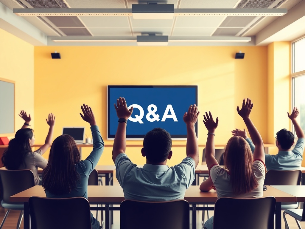 "A dynamic online Q&A scene for teachers, a bright classroom set with a laptop, hands raised, energizers and role-play silhouettes, inclusive and engaging."