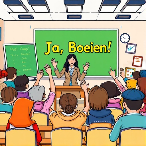"Ja, Boeien!" teaching scene with a teacher and students, interactive Q&A vibe, hands raised, colorful classroom stage, practical tips visualized as icons, sign-up vibe, accessible, inclusive, diverse group, energetic classroom"