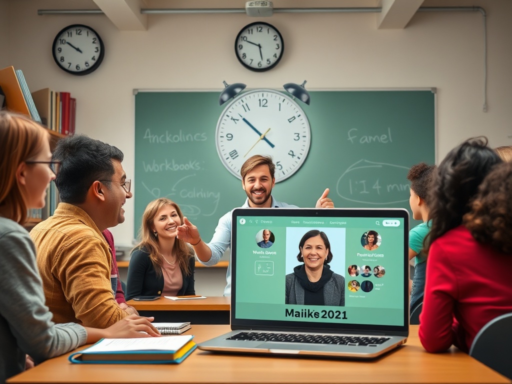 "A bright classroom scene showing a teacher guiding a lively, diverse group of students, a clock showing five minutes, shelves with a thick book and a workbook, subtle glow around a laptop pane indicating an online coaching session with Maike, vibrant the