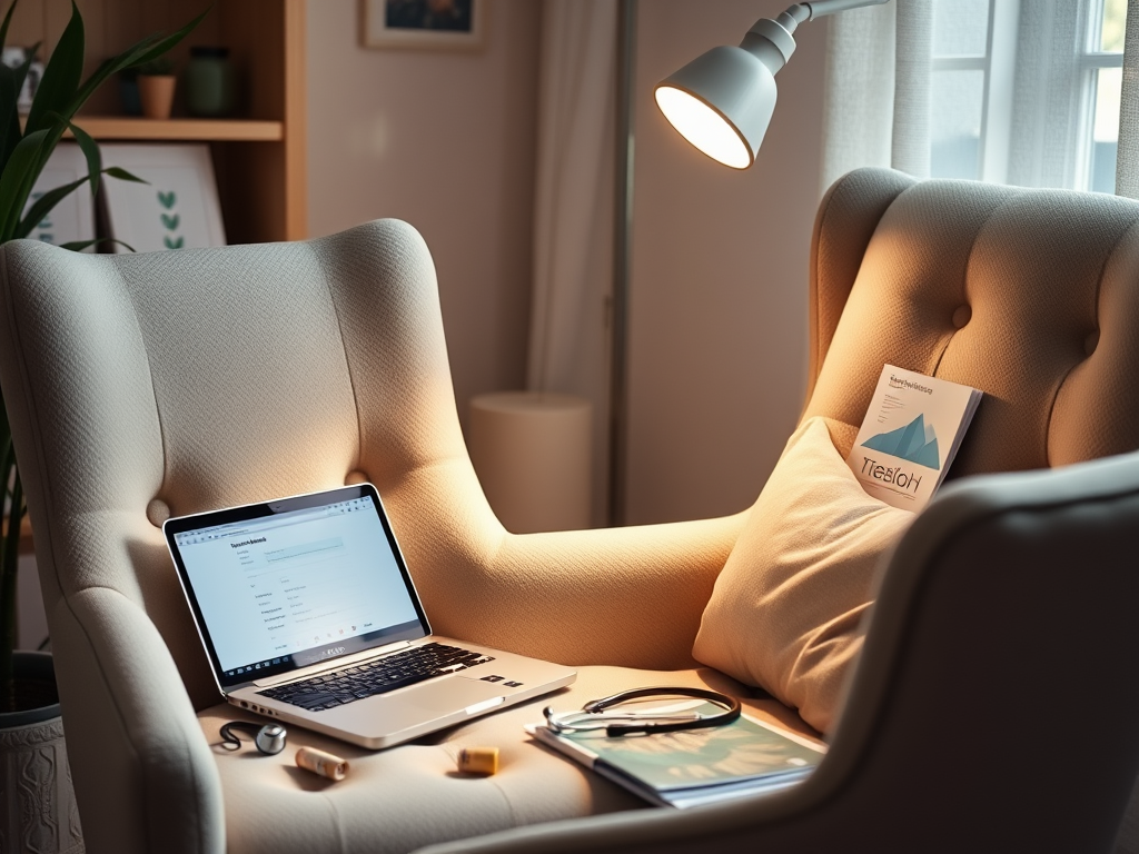 Een serene thuiskantoor met een laptop en gezondheidsitems.