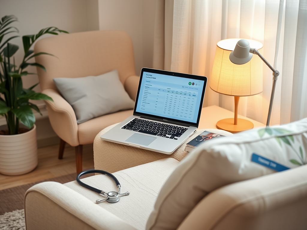 Een serene thuiswerkplek met een laptop en gezondheidsitems.
