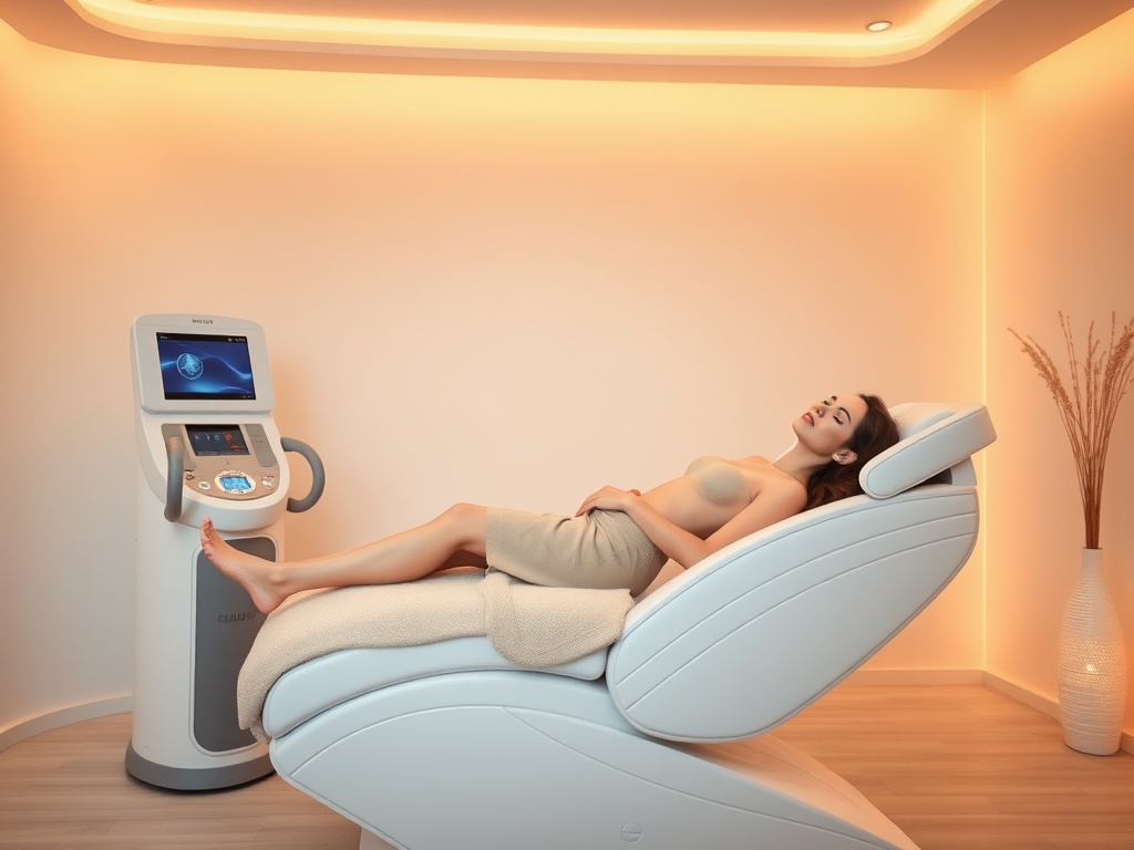 "Modern spa room with warm lighting, elegant woman 30-55 reclining on treatment chair, subtle body-sculpting machine beside, relaxed confident mood, clean minimal aesthetic"