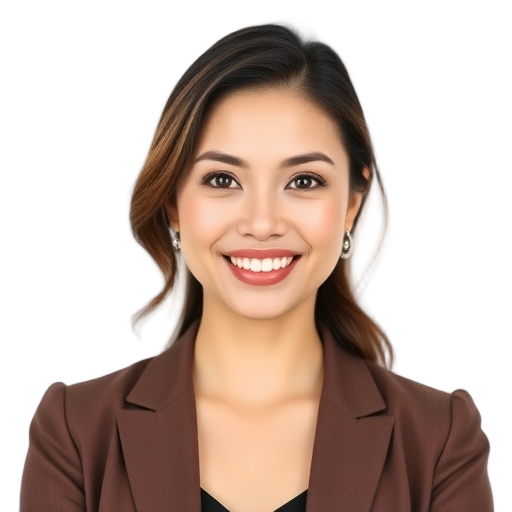 A smiling professional woman in casual elegant attire, calm confident eyes, subtle glow, soft studio lighting, white background, no text, no logos