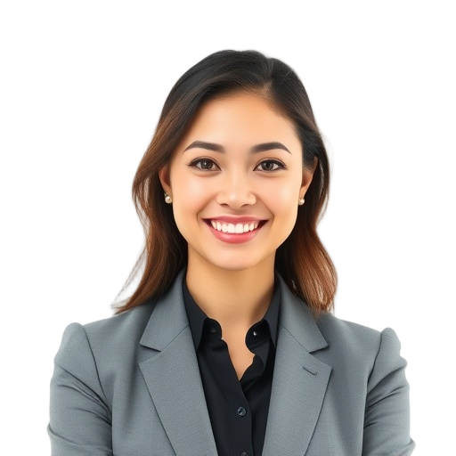 A confident smiling woman in business attire, gentle radiant expression, realistic, healthcare-style setting cues, white background, looking like