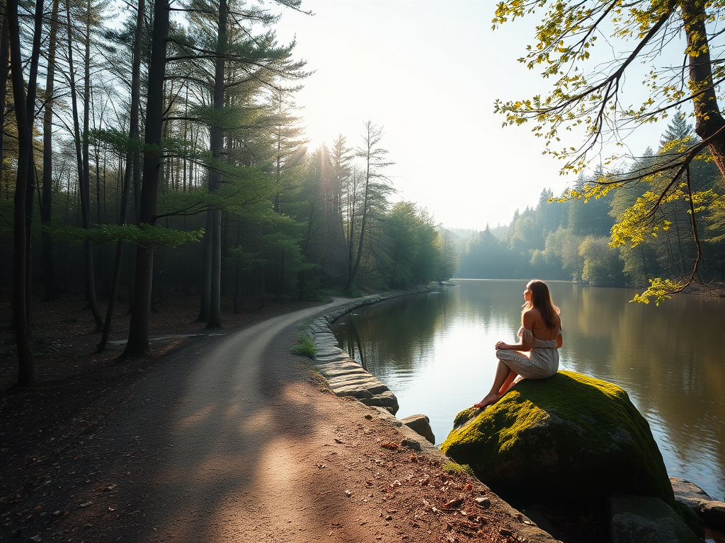 "peaceful forest path" "soft morning light filtering through trees" "a woman sitting quietly on a mossy rock" "calm water reflecting the sky" "gentle breeze moving leaves" "serene, meditative atmosphere" "natural, calming colors"