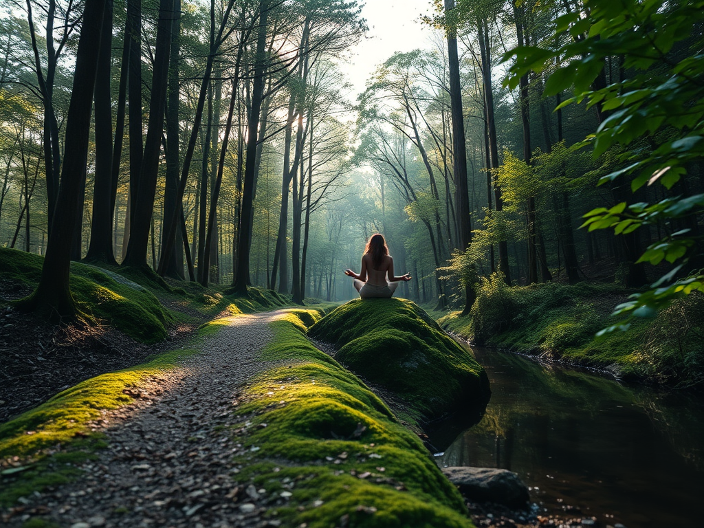 "peaceful forest path" "soft morning light filtering through trees" "a woman sitting quietly on a mossy rock" "calm water reflecting the sky" "gentle breeze moving leaves" "serene, meditative atmosphere" "natural, calming colors"