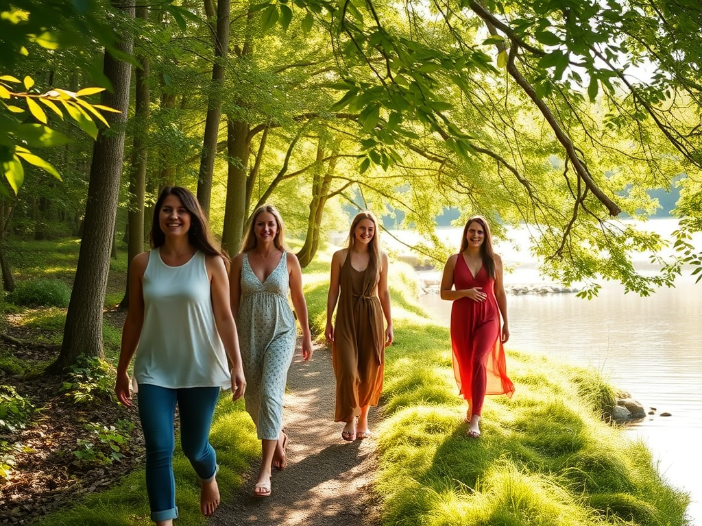 A serene morning retreat scene with peaceful women walking quietly on a forest path, soft sunlight filtering through green leaves, calm water nearby, gentle smiles, and a warm, nurturing atmosphere.