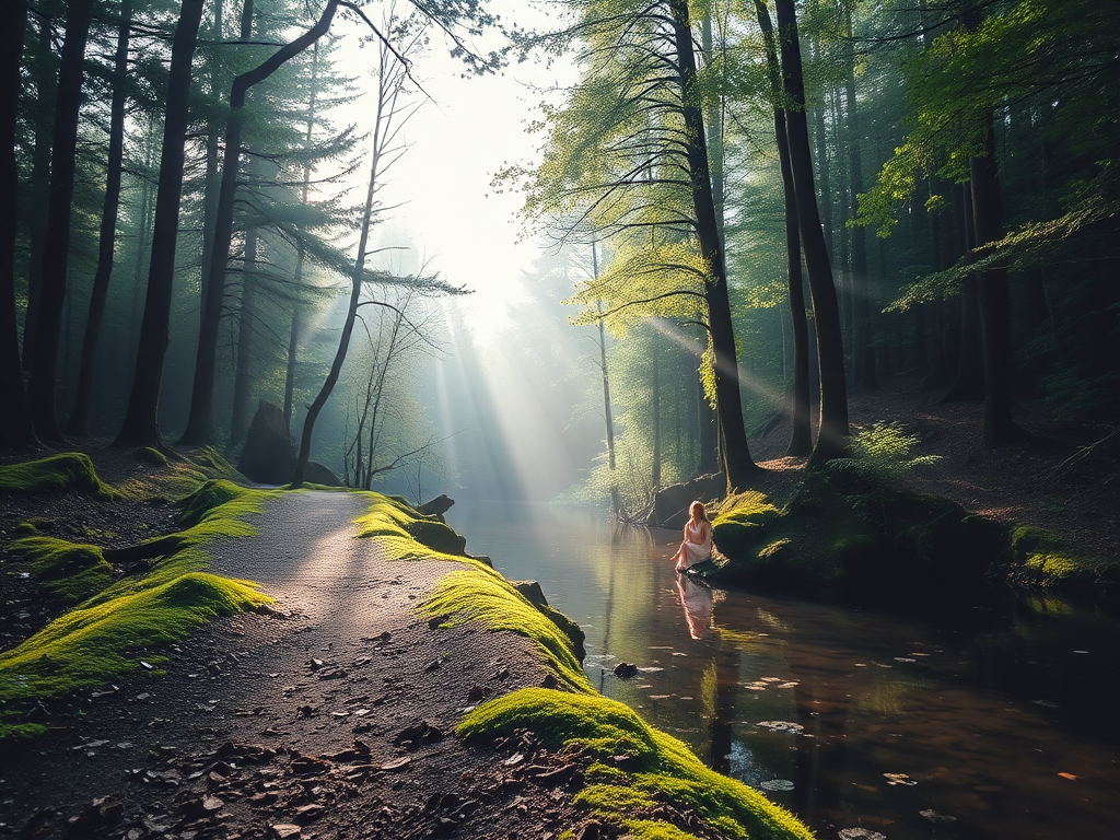 "peaceful forest path" "soft morning light filtering through trees" "a woman sitting quietly on a mossy rock" "calm water reflecting the sky" "gentle breeze moving leaves" "serene, meditative atmosphere" "natural, calming colors"