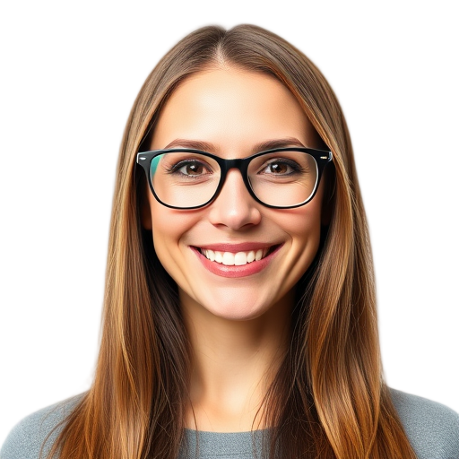 A smiling person with glasses against a white background.