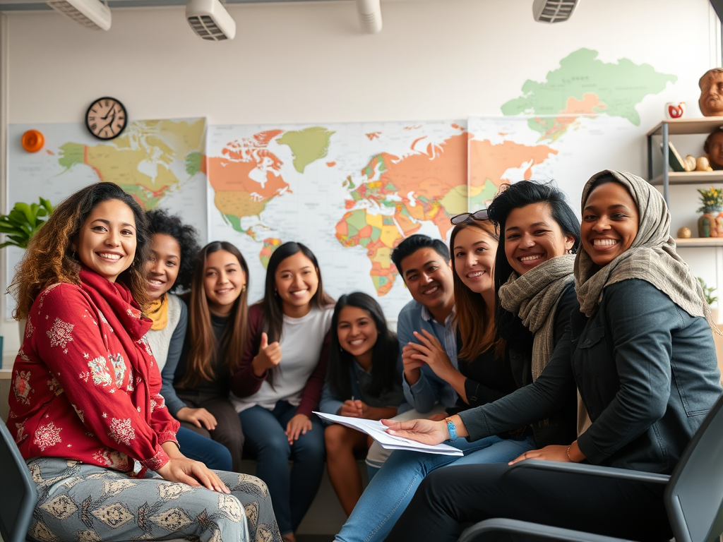 A diverse group of smiling expats in a modern office.