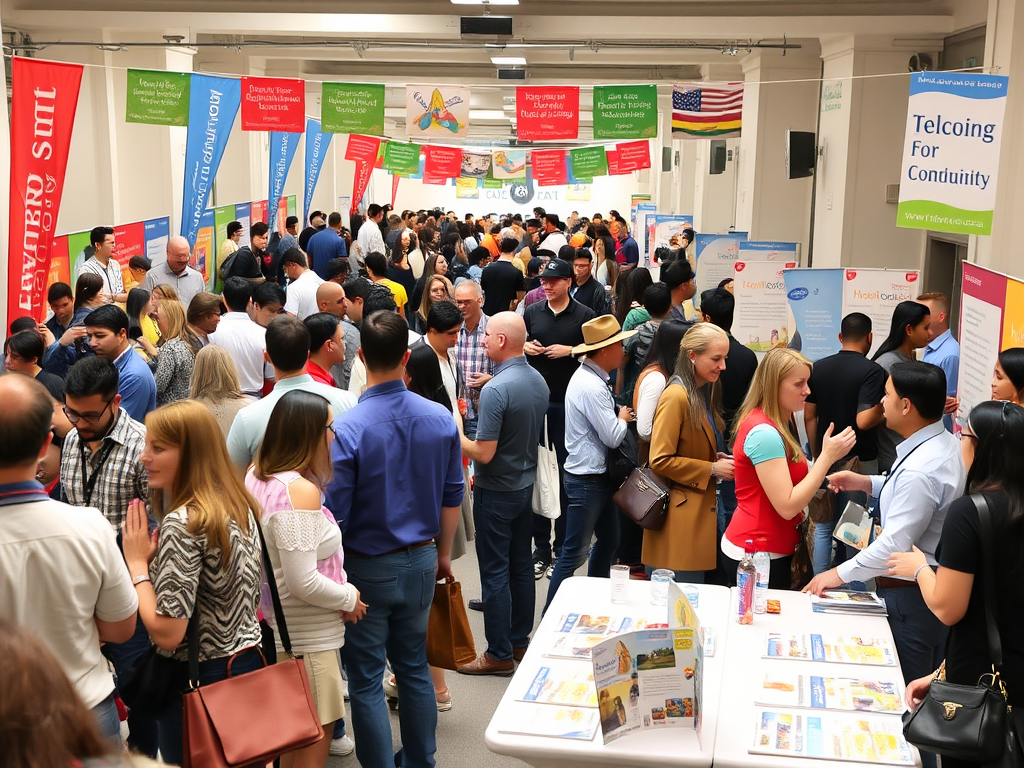 A bustling community event with diverse attendees networking.