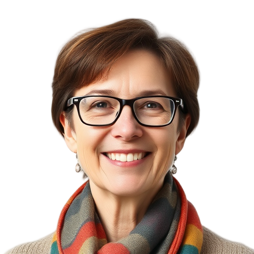 A smiling person with glasses and a colorful scarf.